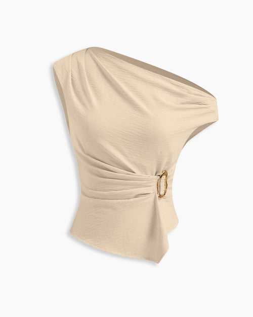 Textured Asymmetrical Neck Metal Detail Ruched Top in Nude Beige