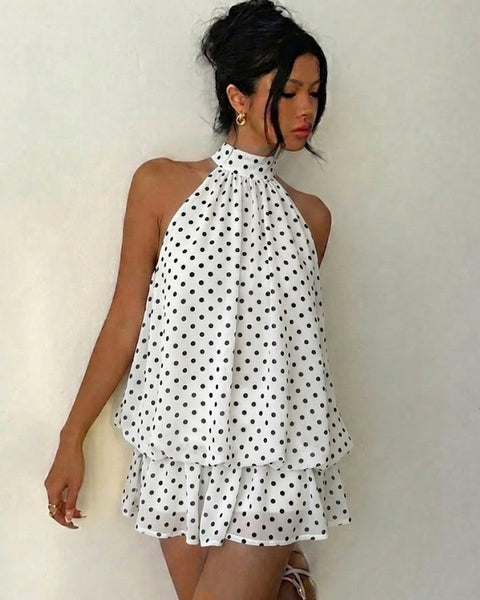 Classic White Polka Dot Halter Tie Neck Layered Mini Dress