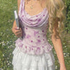 Mesh Cowl Neck Floral Ruffle Hem Crop Top in Lilac