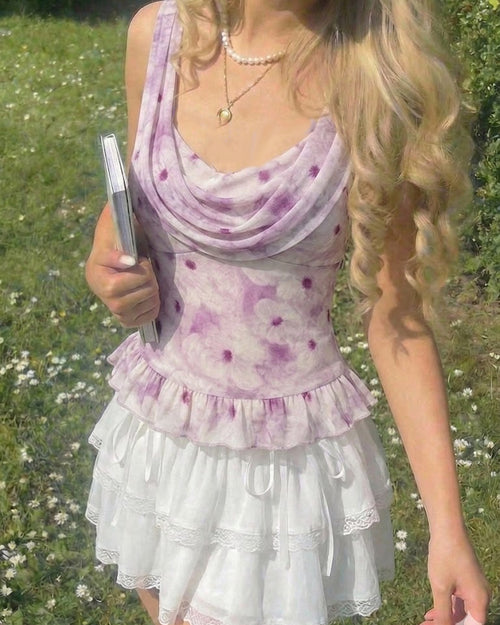 Mesh Cowl Neck Floral Ruffle Hem Crop Top in Lilac