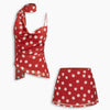 Polka Dot Cowl Neck Top With Scarf And Mid Rise Mini Skirt Set in Classic Red
