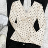 V-Neck Fitted Straight Hem Polka Dot Print Full Sleeves Crop Top in Cream
