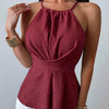 Wrap Tie Waist Solid Color Criss-Cross Sleeveless Top in Burgundy