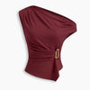 Textured Asymmetrical Neck Metal Detail Ruched Top in Burgundy