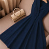Shawl Collar Fit and Flare Pleated Midi Dress in Navy Blue
