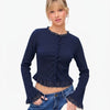 Round Neck Fitted Ruffle Hem Textured Full Sleeves Crop Top in Navy Blue