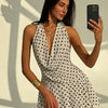 Classic White Polka Dot Draped Cowl Neck Backless Mini Dress