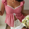 Sweetheart Neck Fitted Flared Hem Striped Crop Top in Classic Red