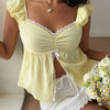 Sweetheart Neck Fitted Flared Hem Striped Crop Top in Butter Yellow