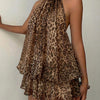 Halter Neck Relaxed Fit Leopard Print Sleeveless Mini Dress in Cocoa Brown
