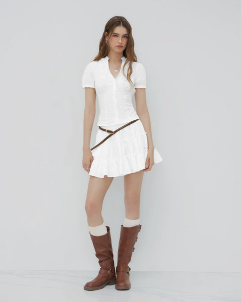 V-neck Lettuce Trim Short Sleeve Top in Sky Blue