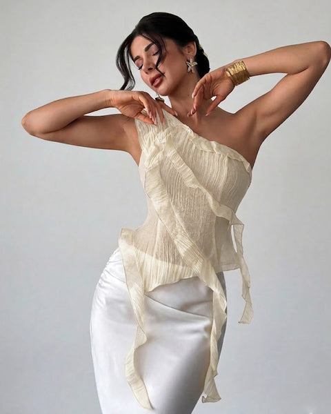Fashion Ruffle Detail One Shoulder Sleeveless Top in Beige