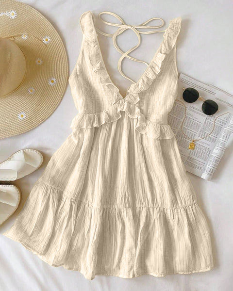 V-Neck Fit and Flare Solid Sleeveless Ruffle Mini Dress in Cream
