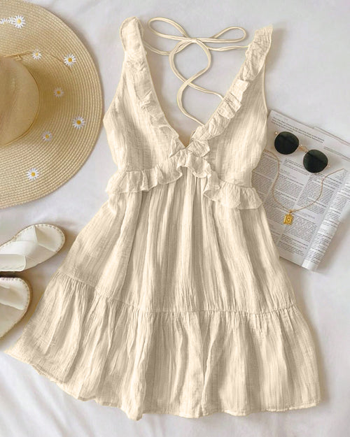 V-Neck Fit and Flare Solid Sleeveless Ruffle Mini Dress in Cream