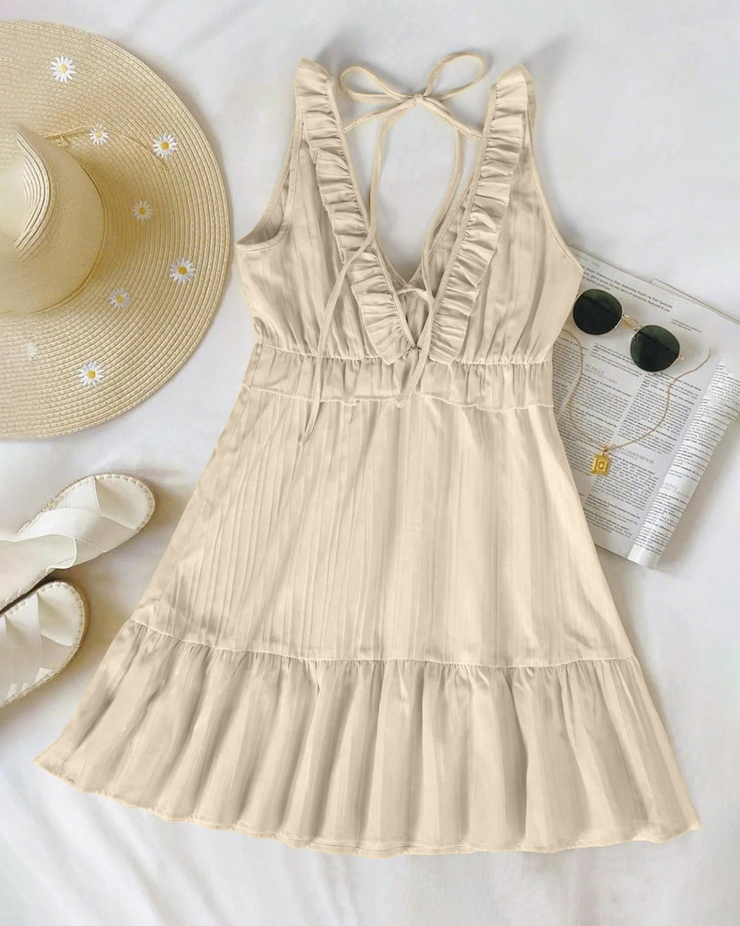 V-Neck Fit and Flare Solid Sleeveless Ruffle Mini Dress in Cream