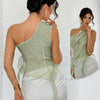 Fashion Ruffle Detail One Shoulder Sleeveless Top in Sage Green