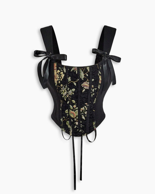 Classic Black Floral Jacquard Lace-Up Bow Strap Square Neck Crop Top
