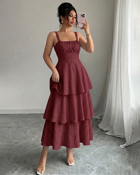Sleeveless Fit and Flare Square Neck Tiered Maxi Dress in Crimson Red