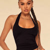 Backless Halter Neck Fitted Straight Hem Solid Sleeveless Crop Top in Classic Black
