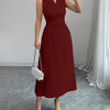 Collared Neck Fit and Flare Solid Sleeveless Midi Wrap Dress in Crimson Red