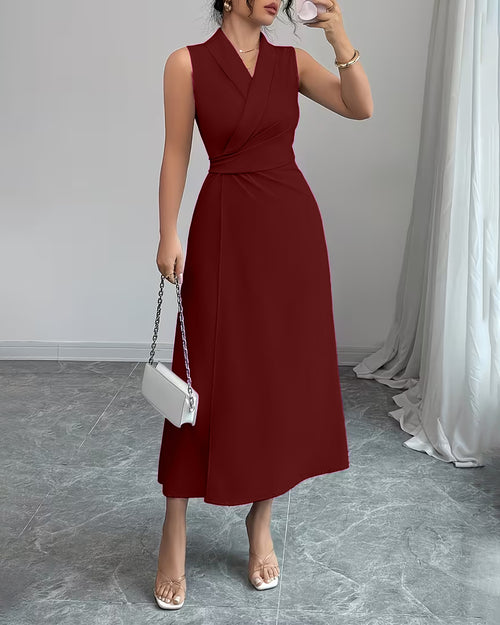 Collared Neck Fit and Flare Solid Sleeveless Midi Wrap Dress in Crimson Red