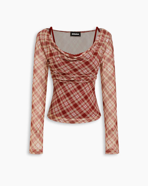 Cowl Neck Plaid Striped Mesh Top in Cherry Red