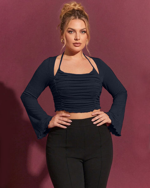 Halter Neck Tie Back Ruched Bell Sleeve Cropped Top Curve and Plus In Navy Blue
