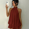 Halter Neck Relaxed Fit Sleeveless Mini Dress in Burgundy