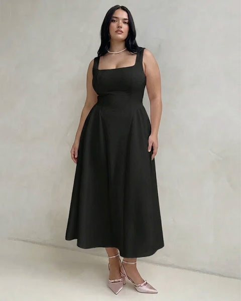 Square Neck Fit And Flare Sleeveless Midi Dress Curve and Plus in Classic Black
