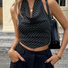 Striped Tie Halter Neck Fitted Top in Navy Blue