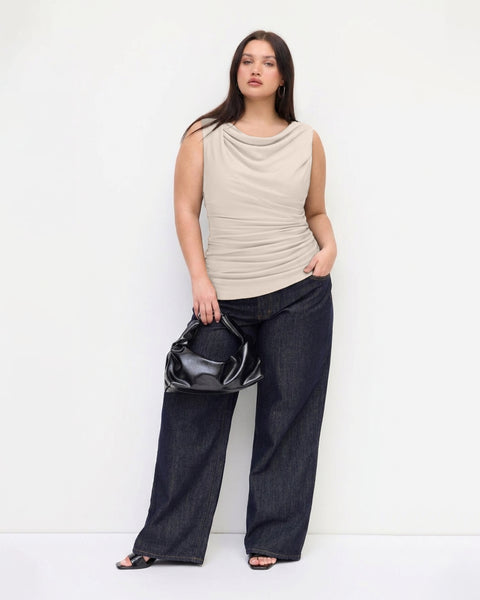 Solid Ruched Round Neck Crop Top Curve and Plus In Apricot