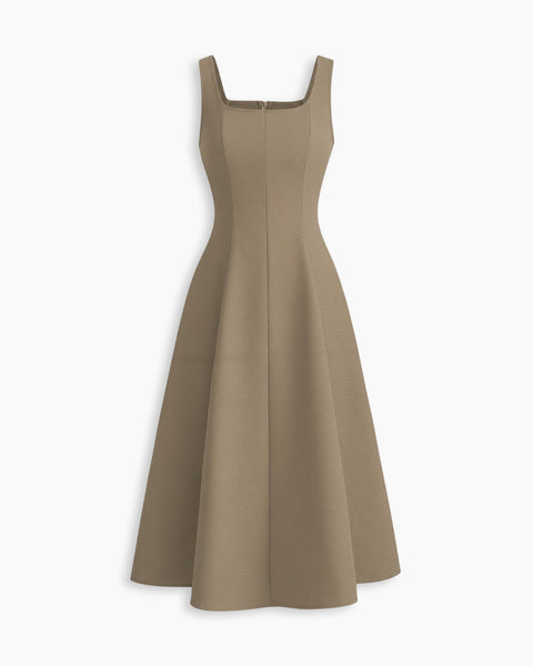 Square Neck Shirred Sleeveless Flared Dress in Mocha Brown