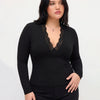 Solid V Neck Long Sleeve Lace Top Curve and Plus in Classic Black