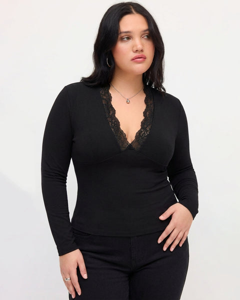 Solid V Neck Long Sleeve Lace Top Curve and Plus in Classic Black