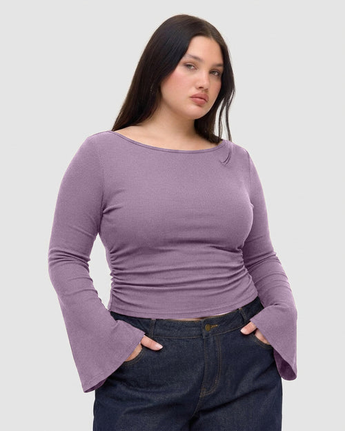 Boat Neck Solid Ruched Long Sleeve Top Curve and Plus in Lilac