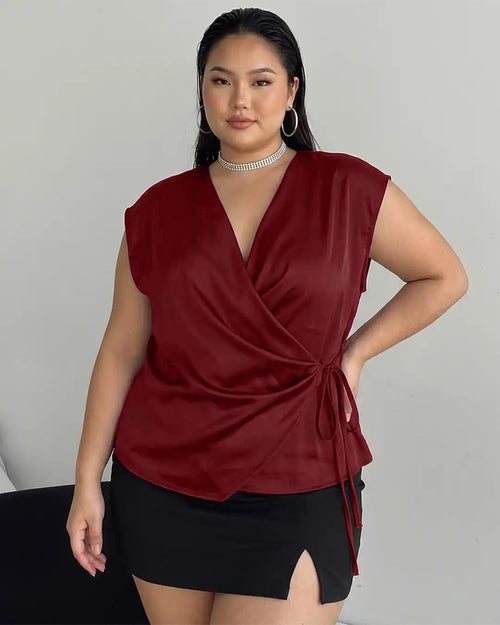 Deep V-Neck Twist Knot Asymmetrical Top Curve and Plus in Crimson Red