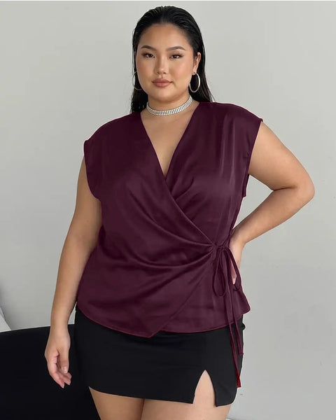 Deep V-Neck Twist Knot Asymmetrical Top Curve and Plus in Wine Maroon