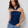 Elegant Twist Front Halter Top in Navy Blue