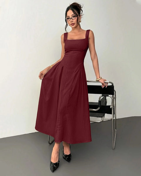 Square Neck Sleeveless A-Line Midi Dress in Deep Maroon