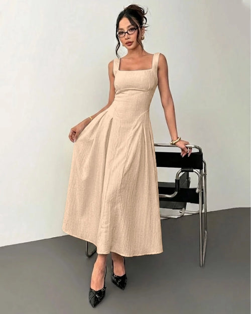 Square Neck Sleeveless A-Line Midi Dress in Peach