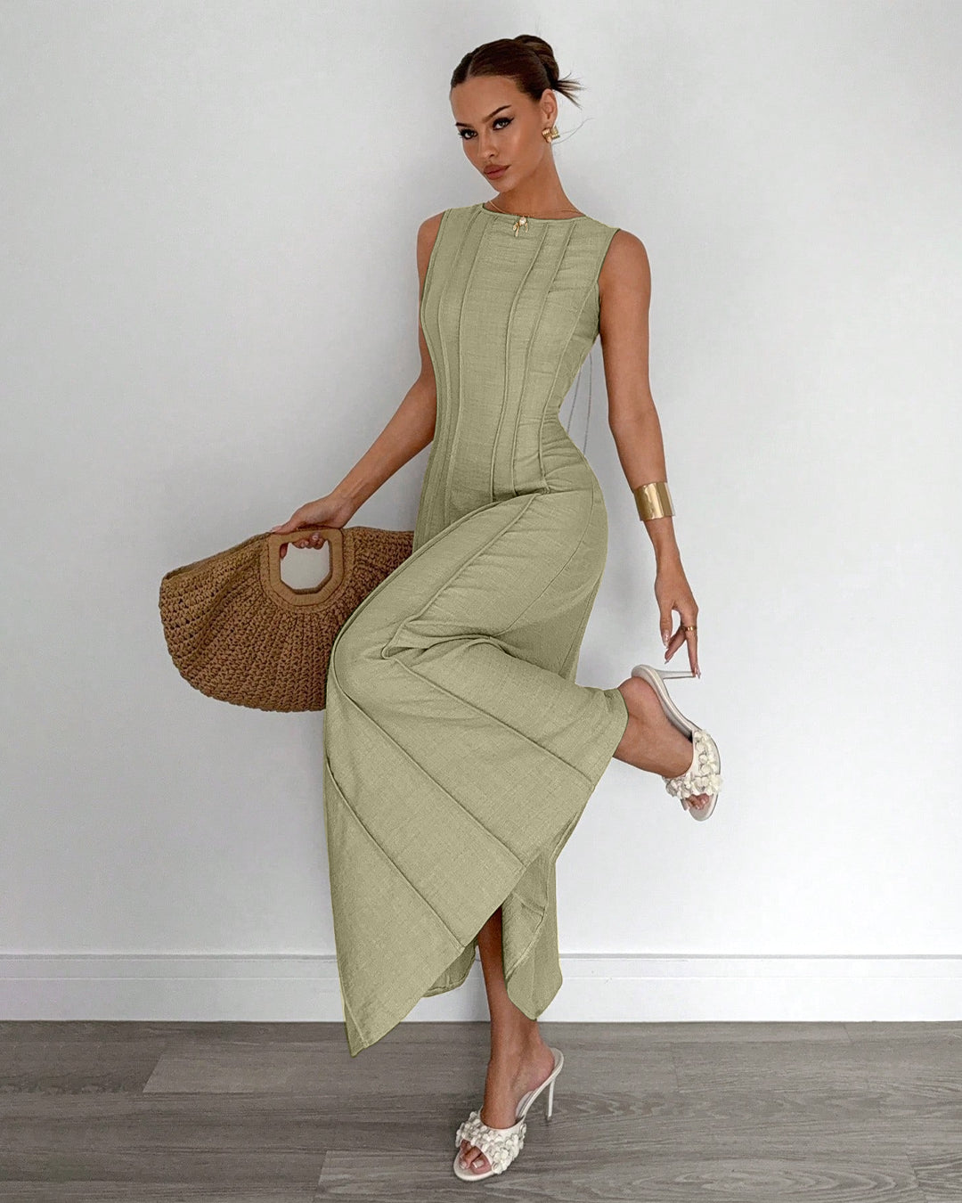 Customer photo 2 of Pleated Waist A-Line Maxi Dress in Herbal Green