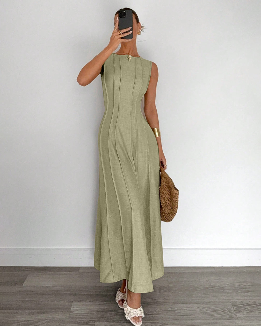 Customer photo 1 of Pleated Waist A-Line Maxi Dress in Herbal Green