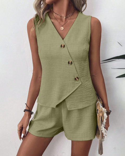 Tie Front Top And Mini Shorts Two Piece Set in Herbal Green