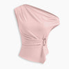 Textured Asymmetrical Neck Metal Detail Ruched Top in Dusty Pink