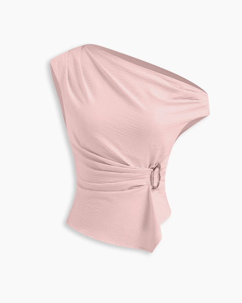 Textured Asymmetrical Neck Metal Detail Ruched Top in Dusty Pink