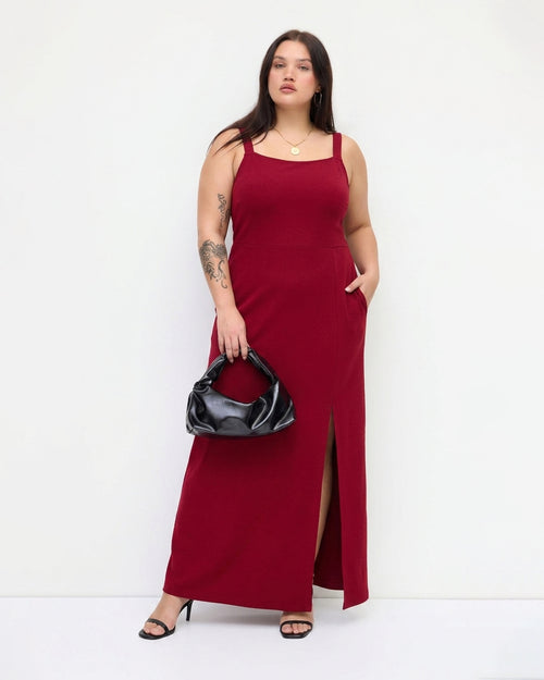 Spaghetti Strap Side Slit Bodycon Dress Curve & Plus in Crimson Red
