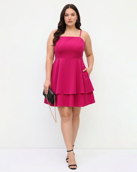 Layered Hem Sleeveless Jumpsuit Curve and Plus in Hot Pink