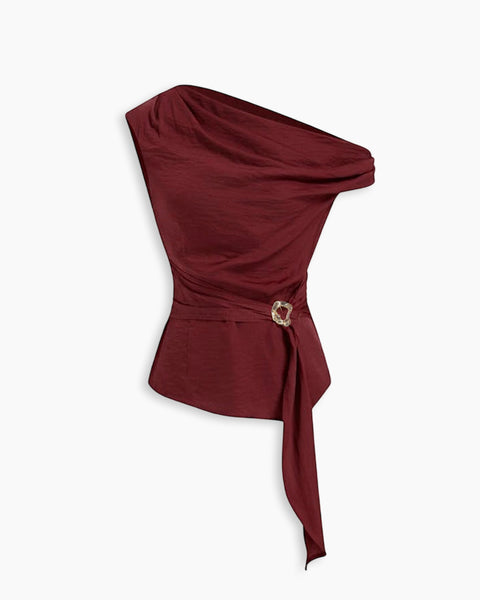 Asymmetrical Neck Top with Metal Detail in Deep Maroon