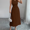 Collared Neck Fit and Flare Solid Sleeveless Midi Wrap Dress in Chocolate Brown