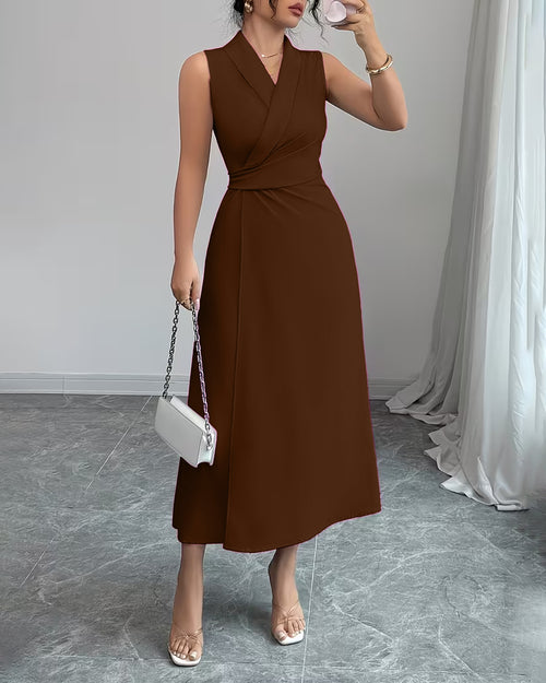 Collared Neck Fit and Flare Solid Sleeveless Midi Wrap Dress in Chocolate Brown